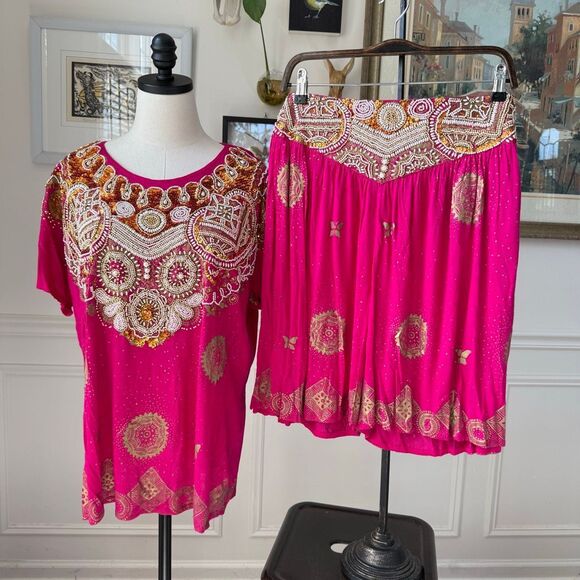 2pc Shorts Top Banarasi Style Fuchsia Gold Foil Boho Beaded Set OSFM L XL - Picture 1 of 10